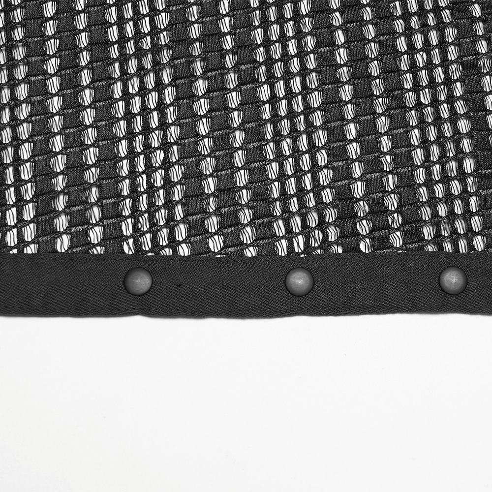 Gothic Female Hooded Mesh Cape with Belt Punk Style close-up showcasing textured stripe mesh and stylish buttons.
