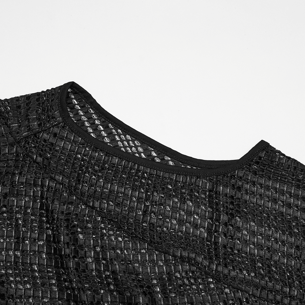 Gothic Female Hooded Mesh Cape with Belt Punk Style showcasing textured black mesh fabric and sleek neckline.