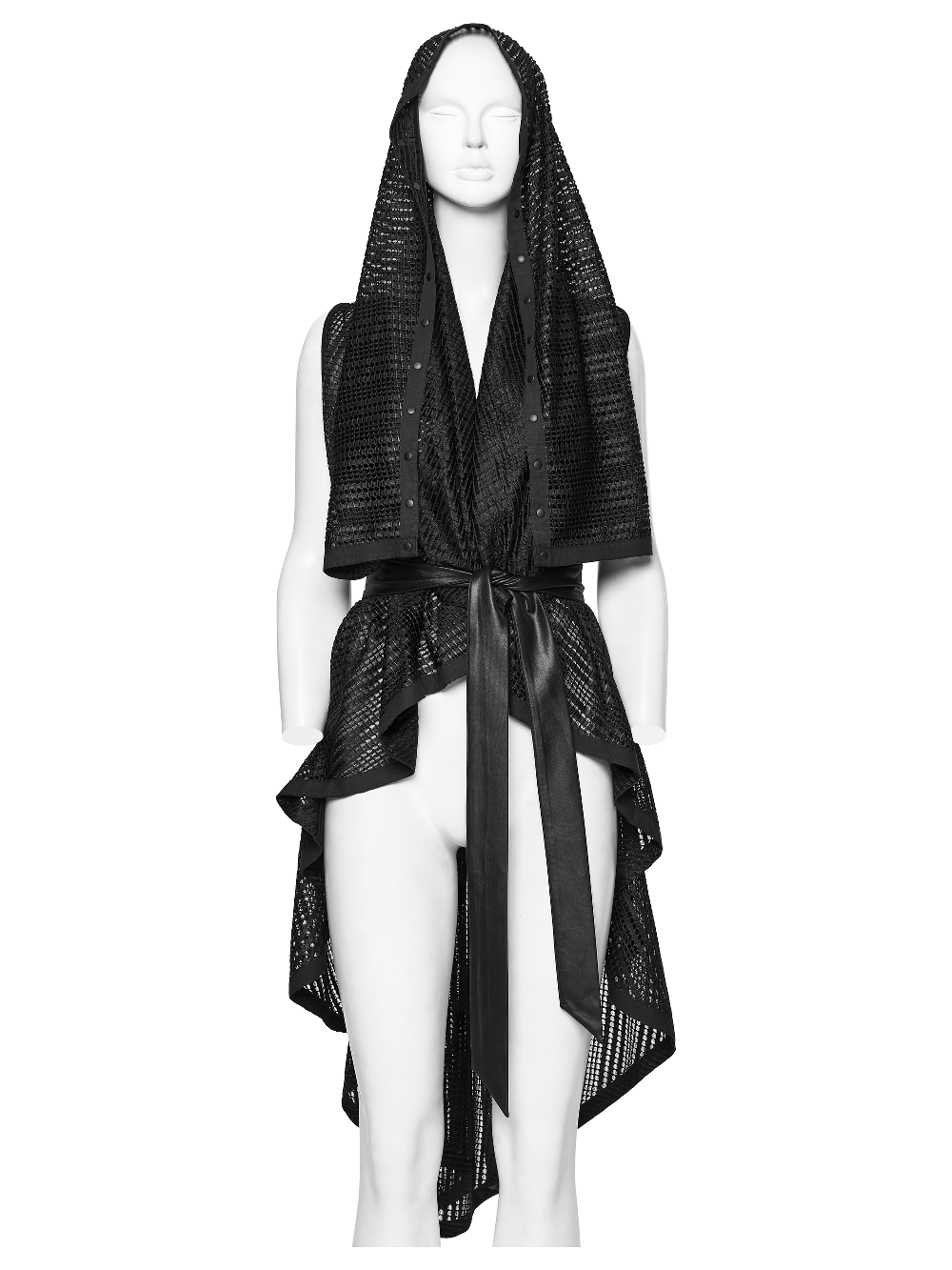 Gothic Female Hooded Mesh Cape with Belt Punk Style displayed on a mannequin showcasing a bold asymmetric drape.