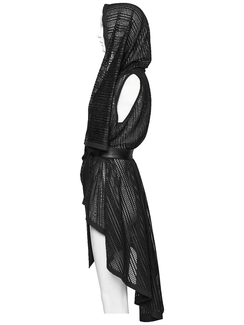 Gothic Female Hooded Mesh Cape with Belt Punk Style showcased on a mannequin in profile view.