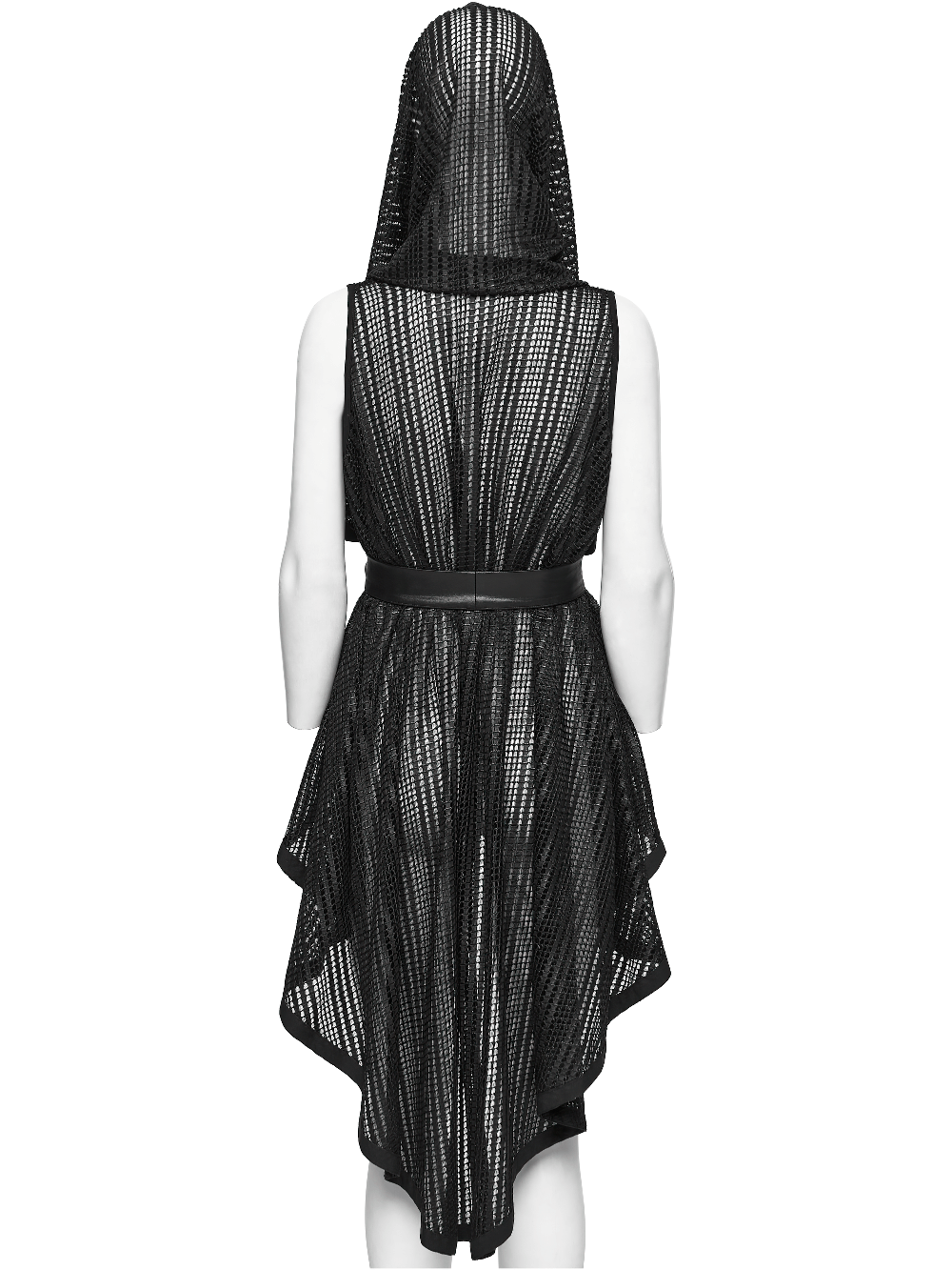 Gothic Female Hooded Mesh Cape with Belt Punk Style displayed on a mannequin from the back, showcasing its unique design.