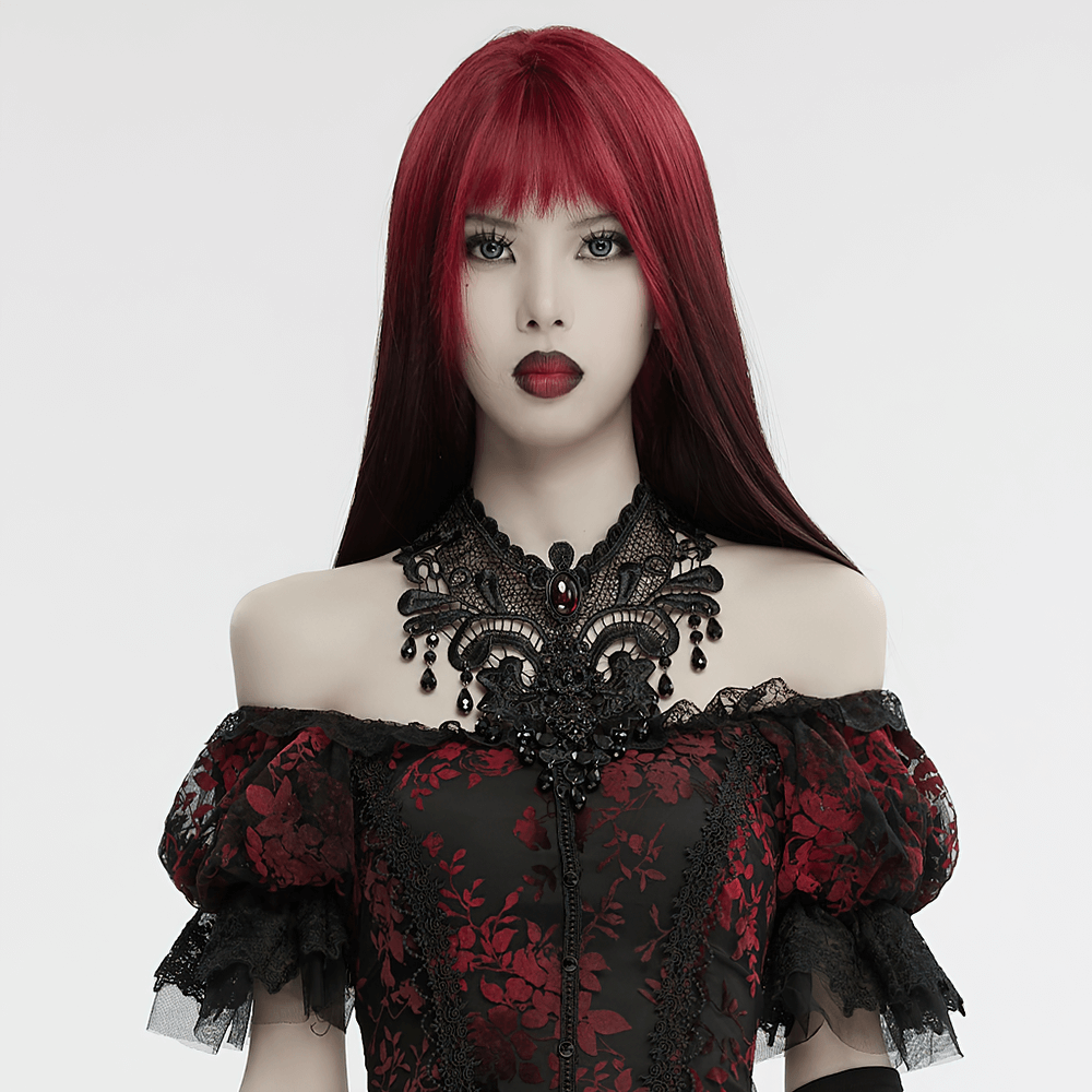 Gothic Female Lace Choker with Ruby Pendant Design