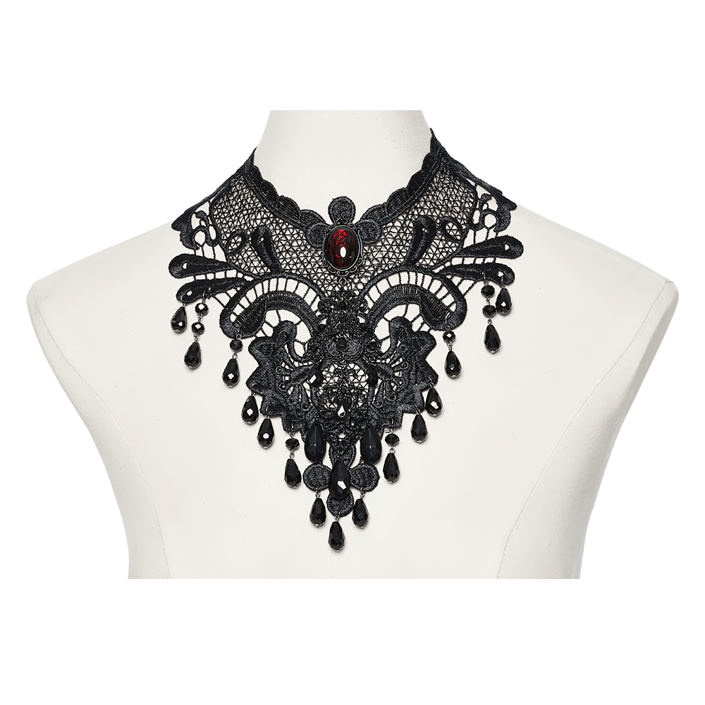 Gothic Female Lace Choker with Ruby Pendant Design