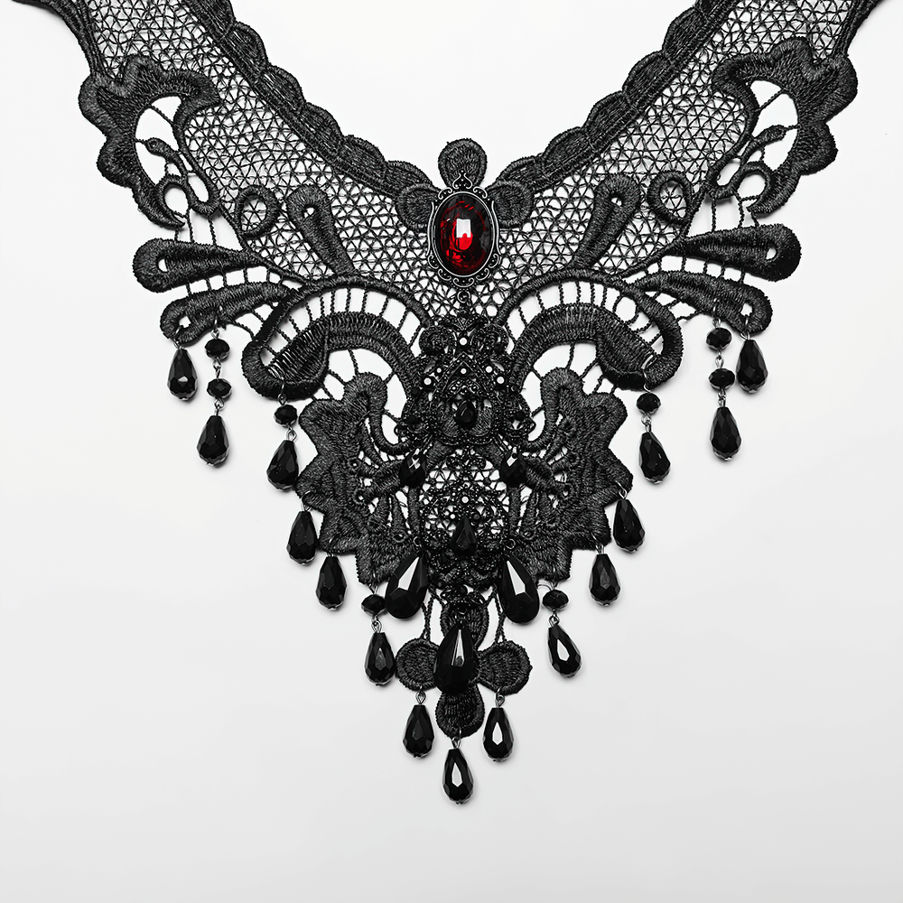 Gothic Female Lace Choker with Ruby Pendant Design