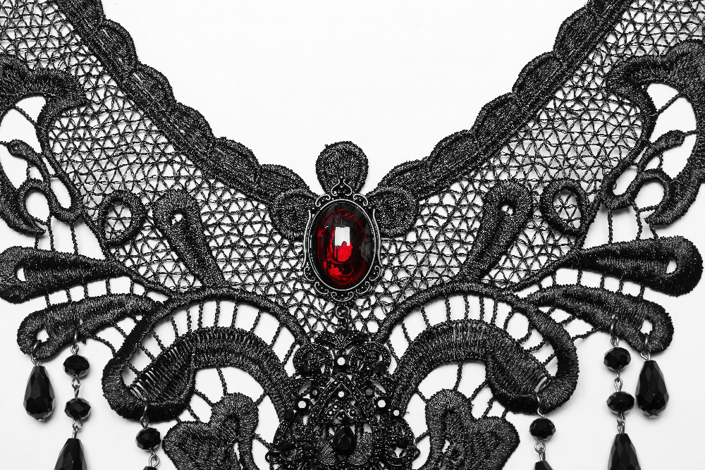 Gothic Female Lace Choker with Ruby Pendant Design