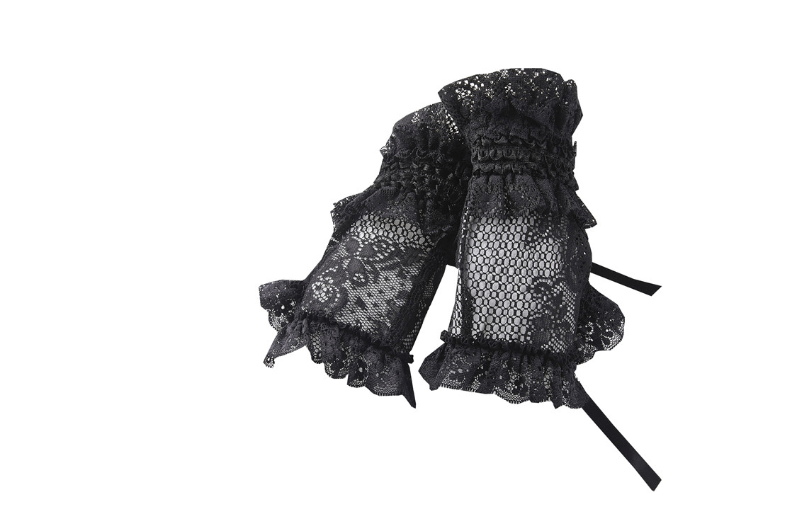 Gothic black lace fingerless gloves with ruffled wrist detailing, perfect for dark fashion and Halloween costumes.