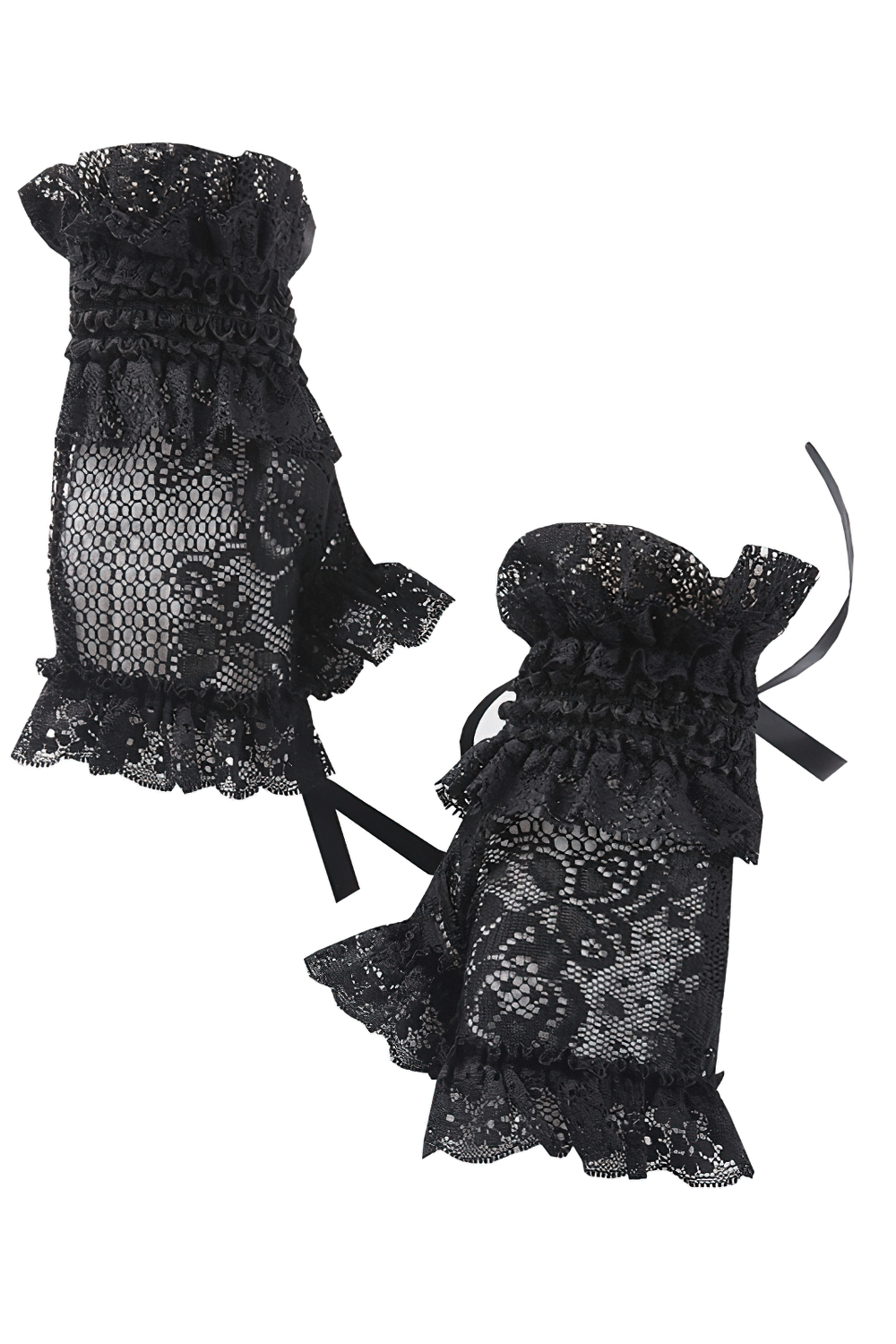Elegant black lace fingerless gloves with wrist ruffles for a gothic fashion statement.