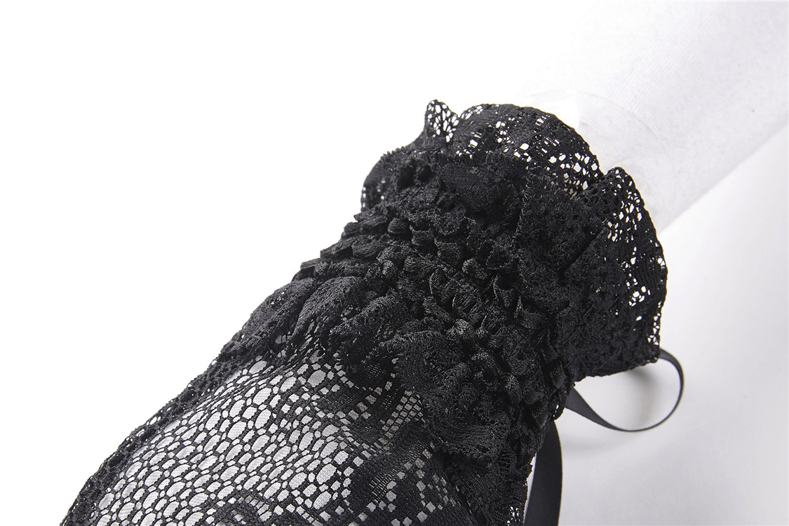 Black lace fingerless gloves with ruffled wrist, perfect for goth fashion and adding elegance to any outfit.