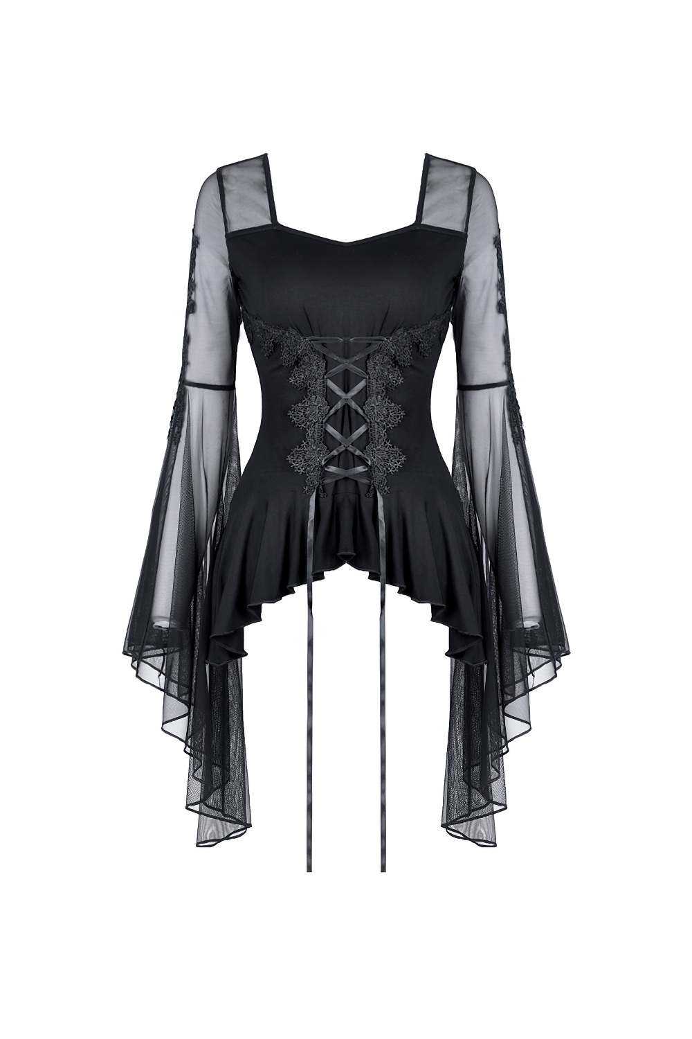 Gothic Female Lace-up Ruffled Top with Sheer Sleeves