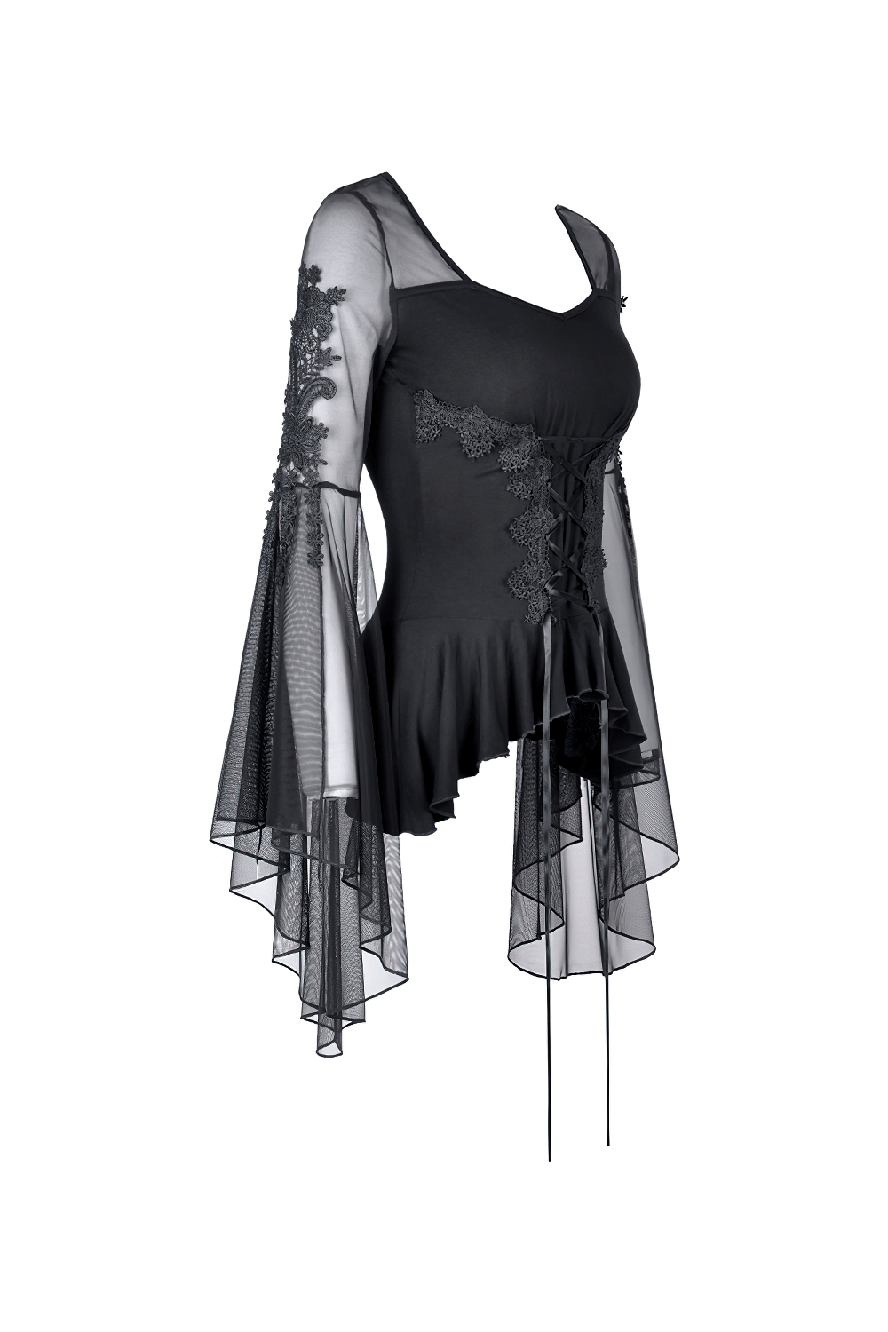 Gothic female lace-up top with ruffled hem and sheer sleeves, showcasing intricate lace details.