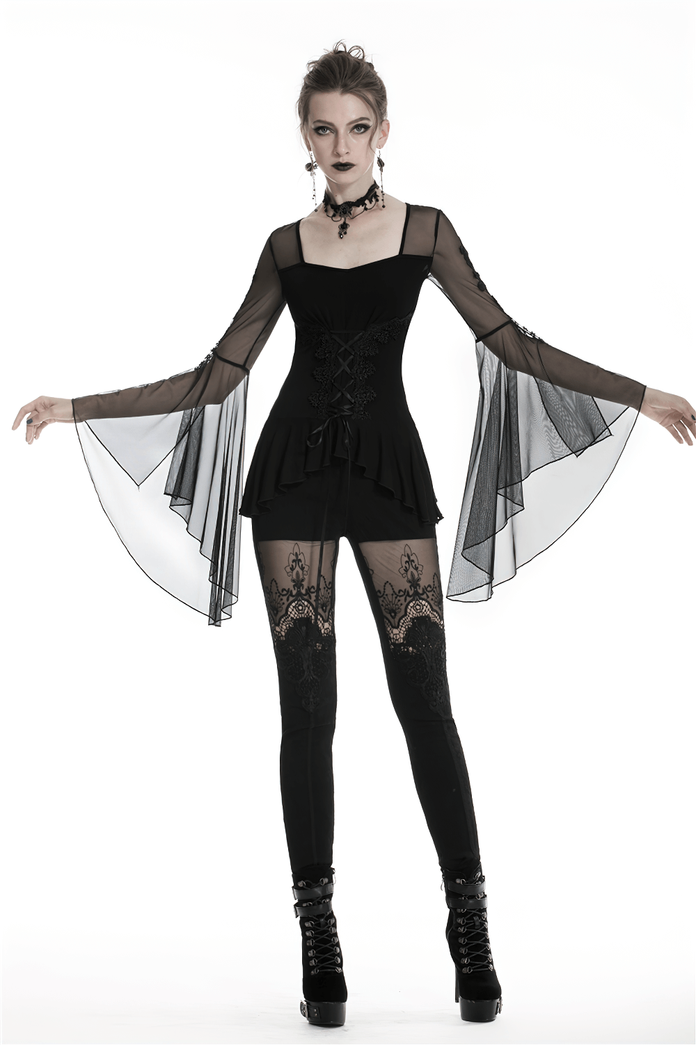 Gothic Female Lace-up Ruffled Top with Sheer Sleeves