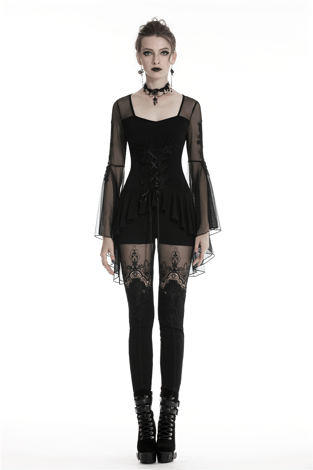 Gothic Female Lace-up Ruffled Top with Sheer Sleeves