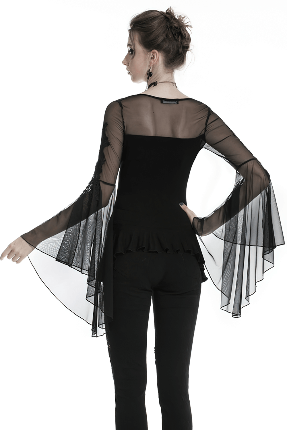 Gothic female black lace-up top with sheer sleeves and ruffled hem, perfect for an elegant dark look.