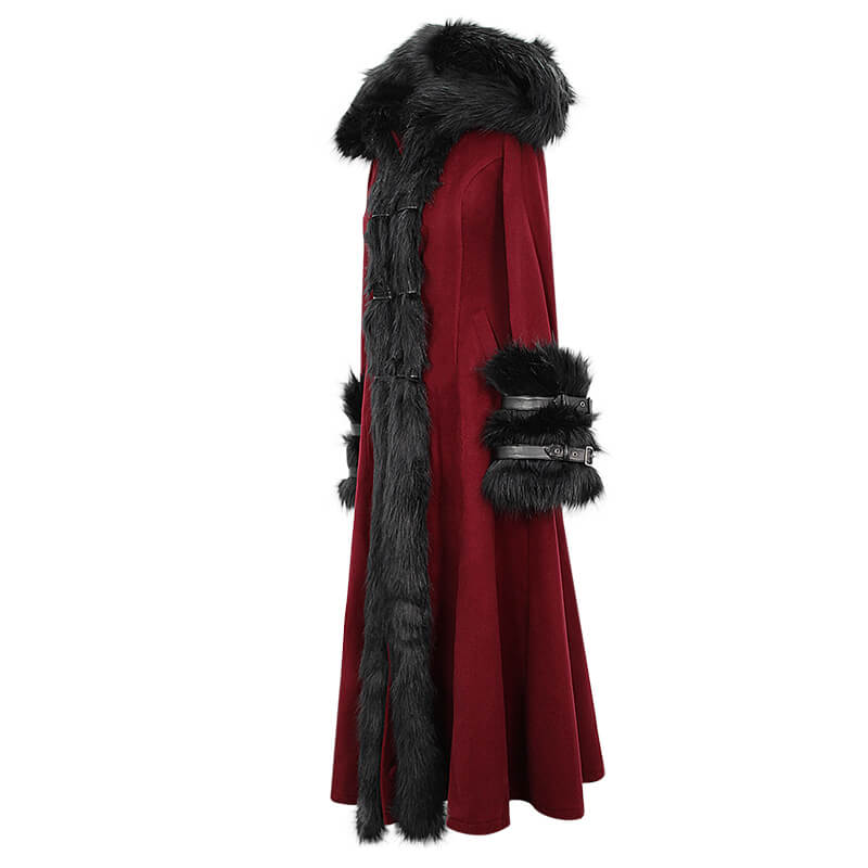 Gothic red long coat with removable fur collar and stylish fur accents for chic vintage looks.