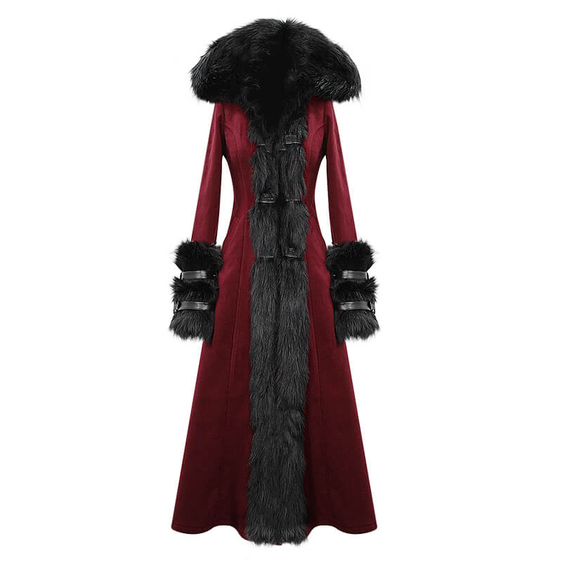 Gothic women's long red coat with removable black fur collar and cuffs, perfect for vintage chic outfits.