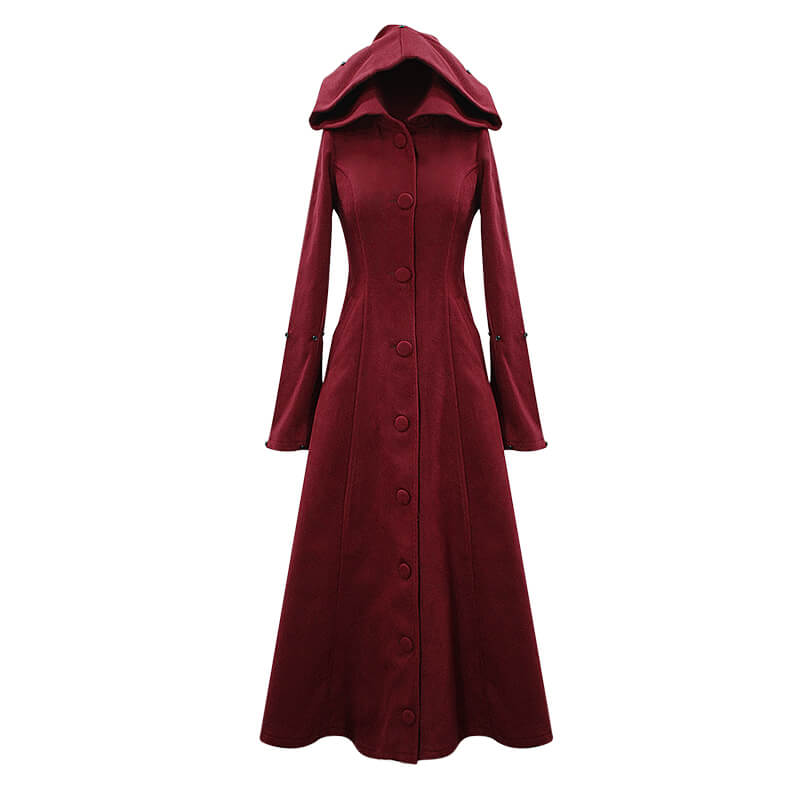 Gothic female long coat in rich red with hood and buttons, ideal for stylish vintage gothic looks.