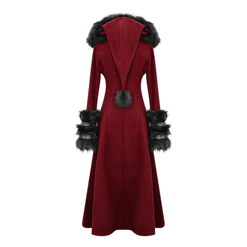 Gothic female long red coat with removable fur collar and luxurious detailing for vintage-inspired outfits.