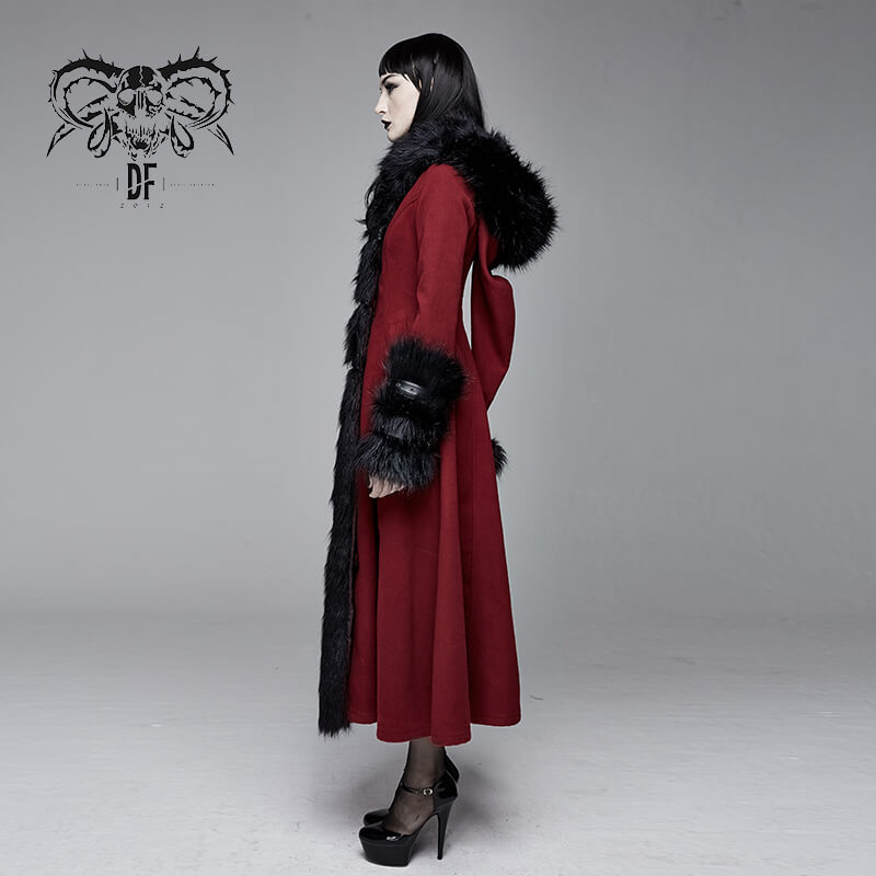 Gothic red long coat with removable fur collar, perfect for vintage gothic fashion statements.