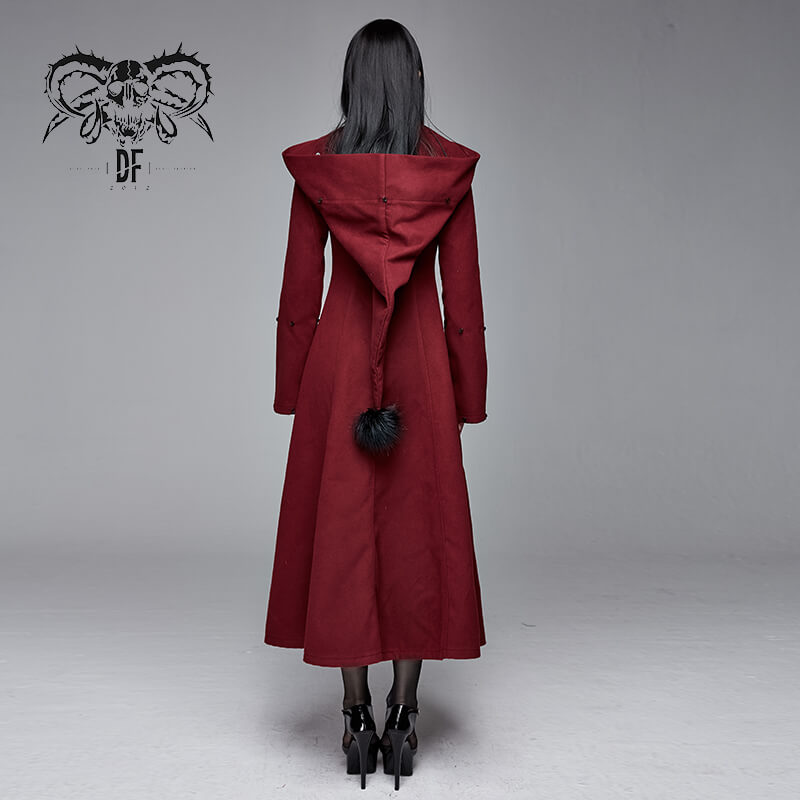 Gothic red long coat with removable fur collar and stylish hood, perfect for alternative fashion.