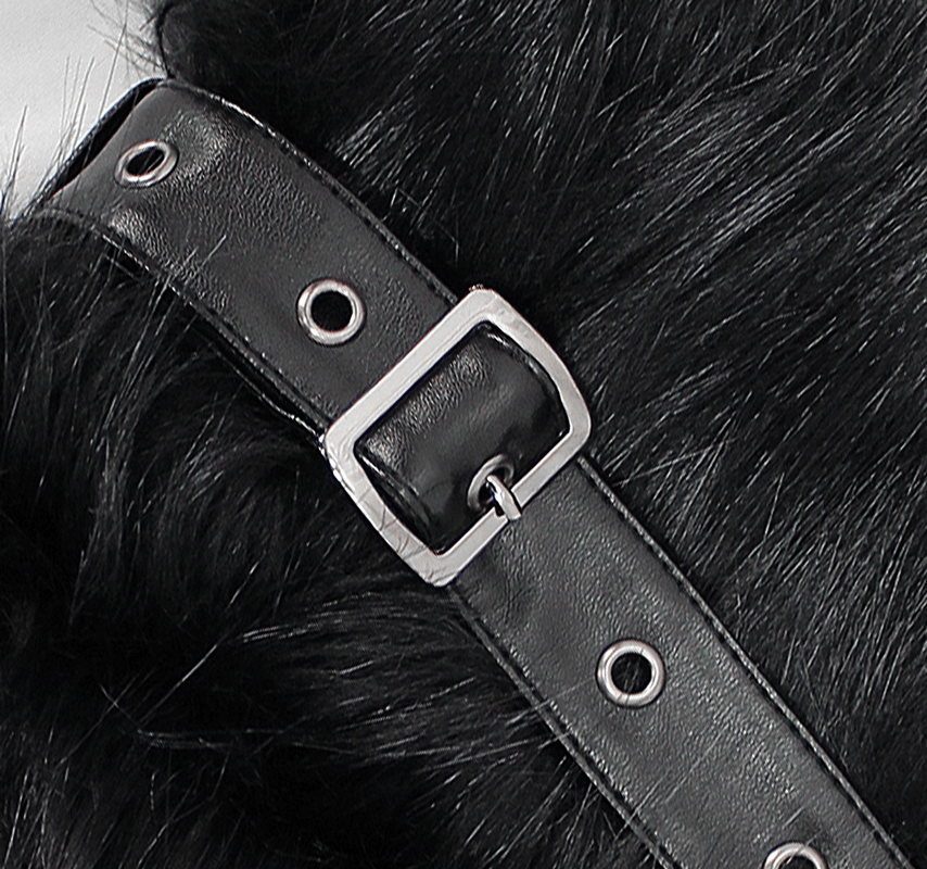 Close-up of a black faux fur collar with a silver buckle and grommet detailing, showcasing gothic fashion elegance.