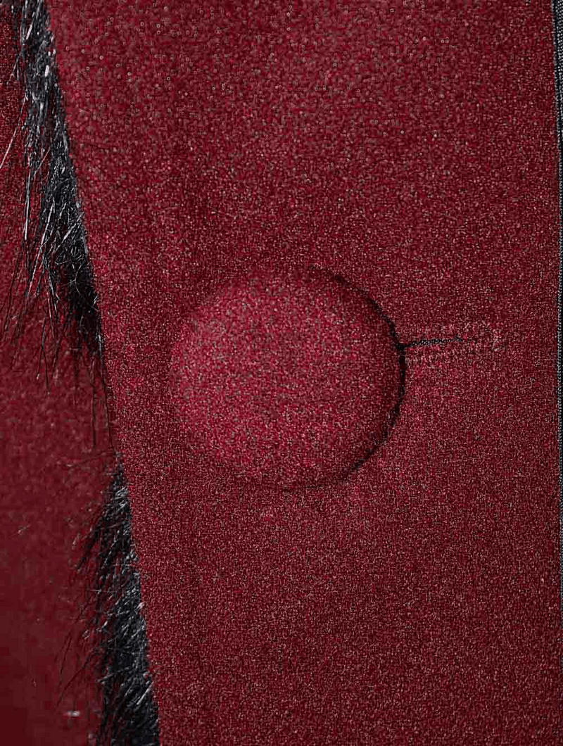 Close-up of red gothic female coat fabric and round button detail with fur accent for vintage fashion lovers.