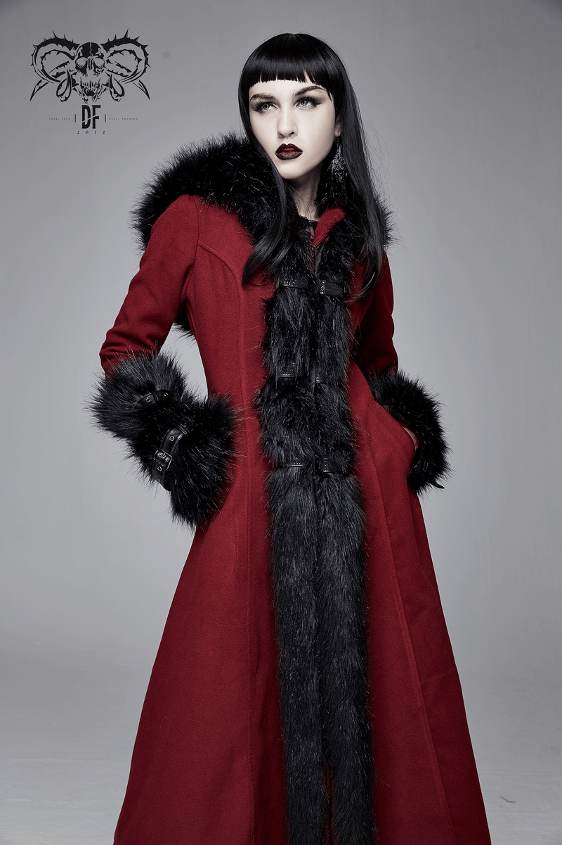Gothic female model in vintage red coat with removable black fur collar and cuffs, showcasing elegant alternative fashion.