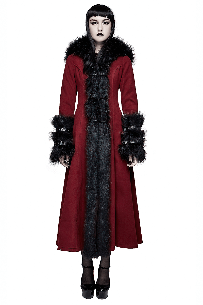 Gothic female model in a red long coat with removable fur collar and cuffs, showcasing vintage style and elegance.