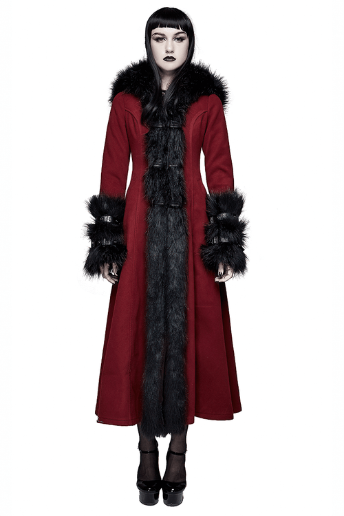 Manteau Long Femme Gothique avec Col en Fourrure Amovible / Vêtements Alternatifs Épais pour Femme