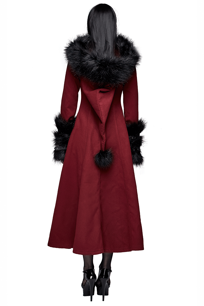 Gothic female long red coat with removable fur collar and cuffs, perfect for alternative fashion looks.