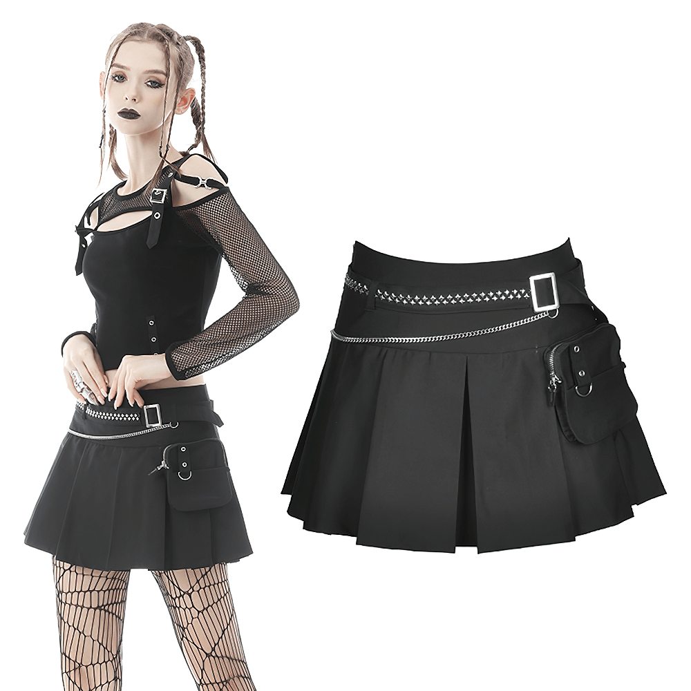 Gothic female mini skirt with chain belt and pocket, black pleated design, perfect for punk style and dark romance.