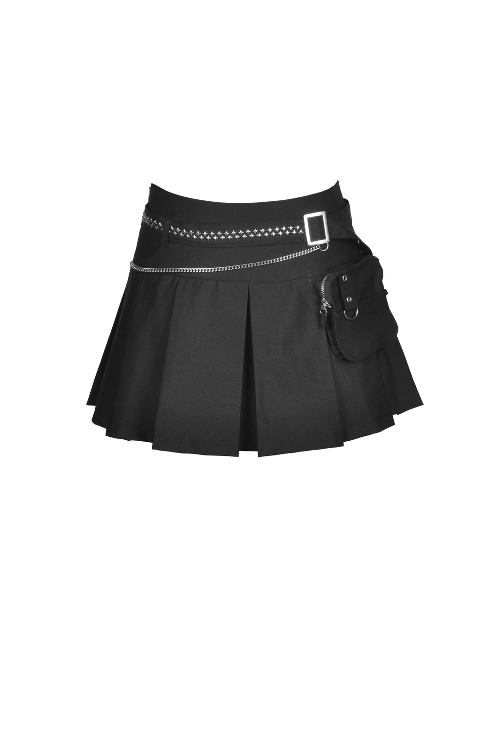 Gothic black pleated mini skirt with chain belt and side pocket, perfect for punk-inspired fashion.