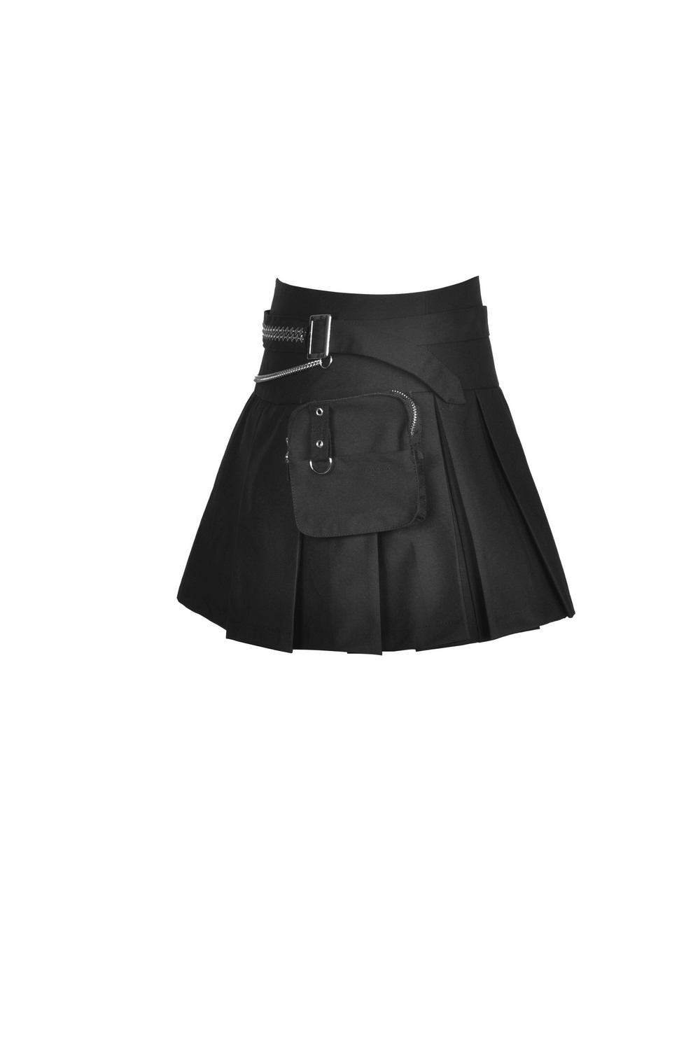 Gothic black pleated mini skirt with chain belt and side pocket, perfect for a punk-inspired outfit.