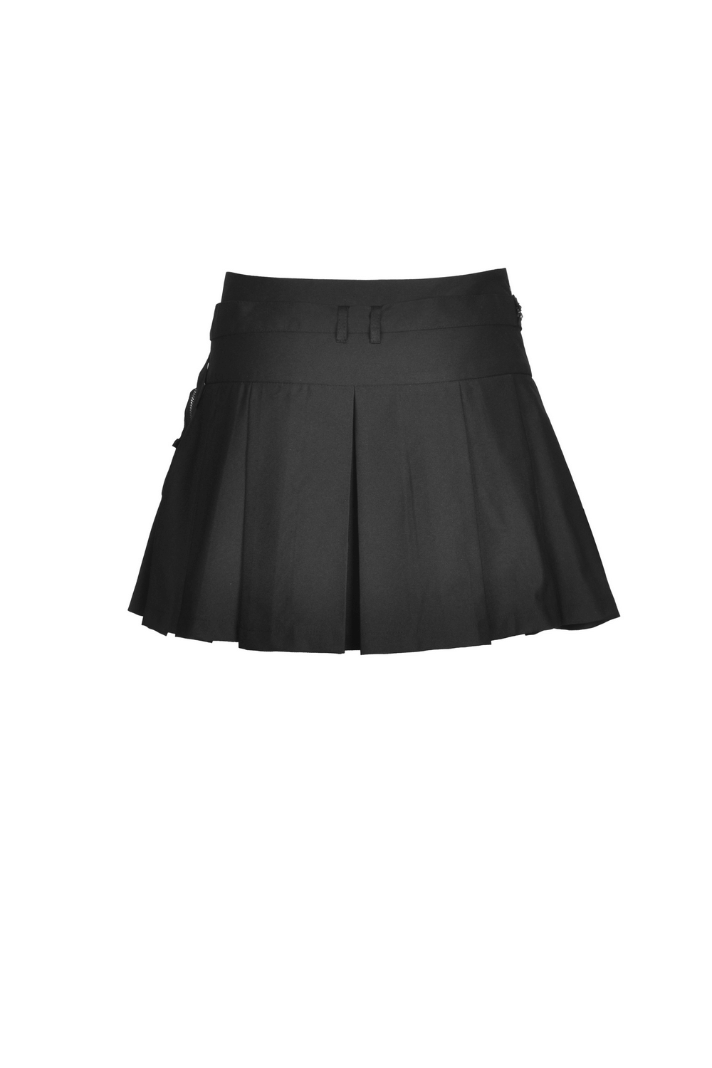 Gothic black pleated mini skirt with chain belt, perfect for dark romance and punk style, A-line silhouette.