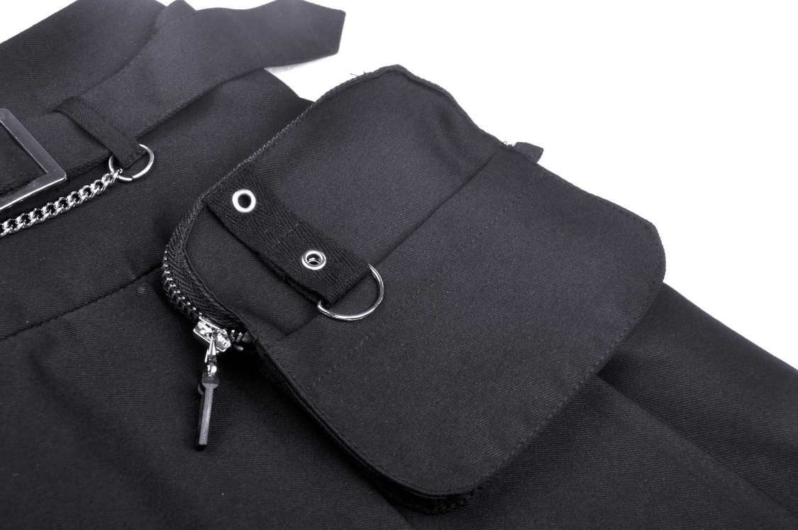 Close-up of a Gothic mini skirt featuring a chain belt and detachable zippered pocket for edgy style.