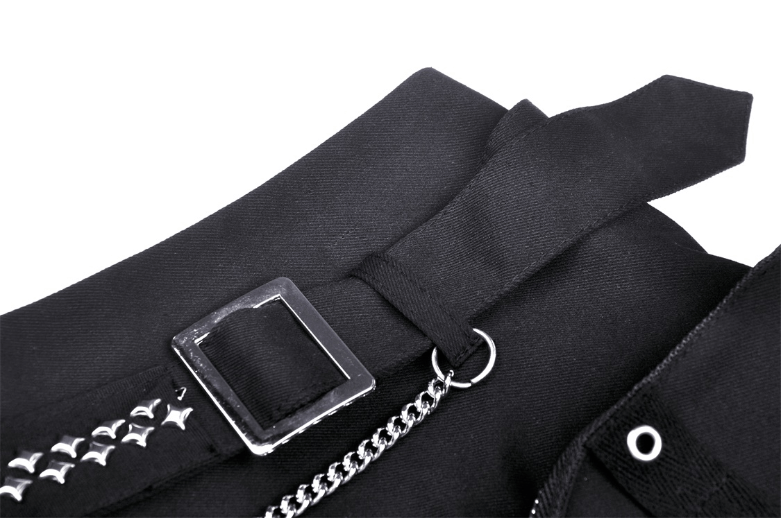 Close-up of a black Gothic mini skirt's chain belt and buckle details, showcasing punk-inspired fashion elements.