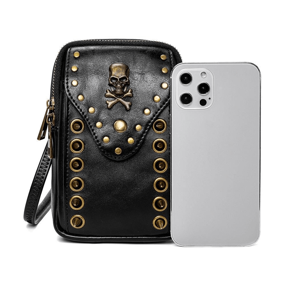 Gothic Female Outdoor Cellphone Waistbag with Skull and Rivets - HARD'N'HEAVY