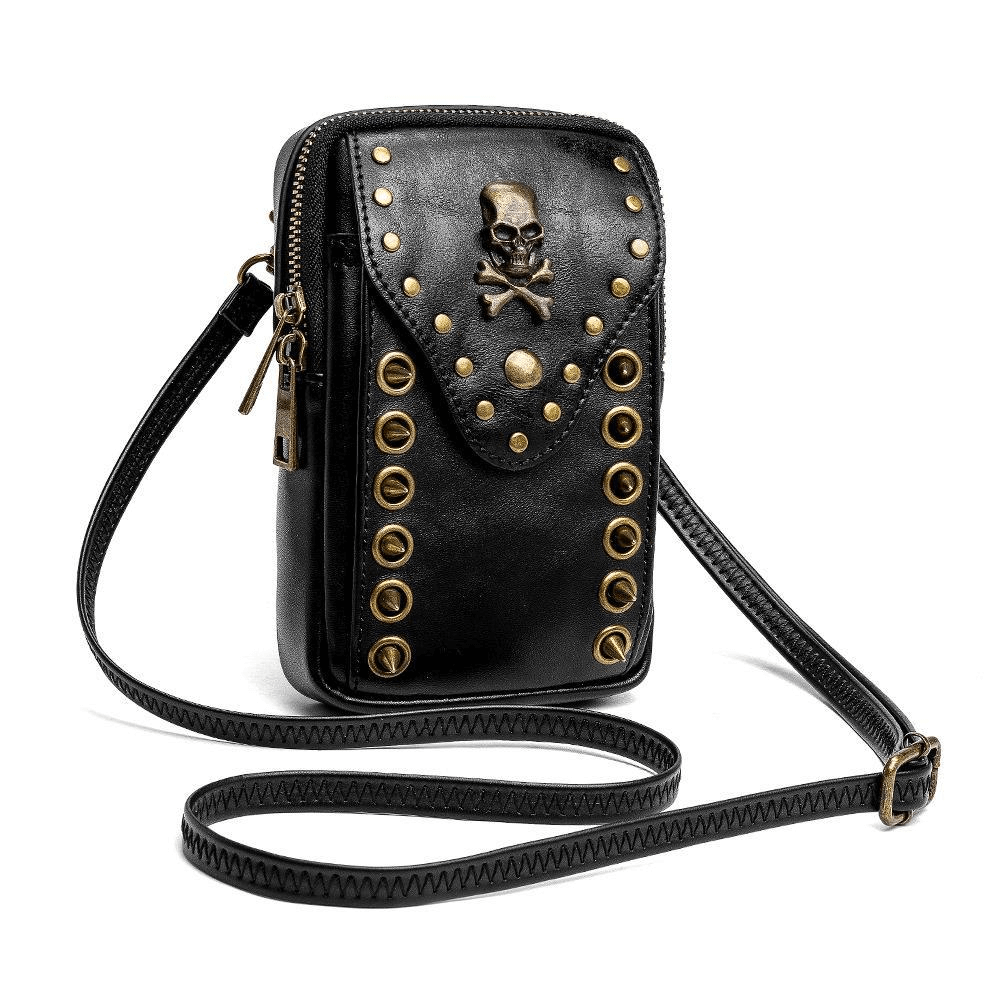 Gothic Female Outdoor Cellphone Waistbag with Skull and Rivets - HARD'N'HEAVY