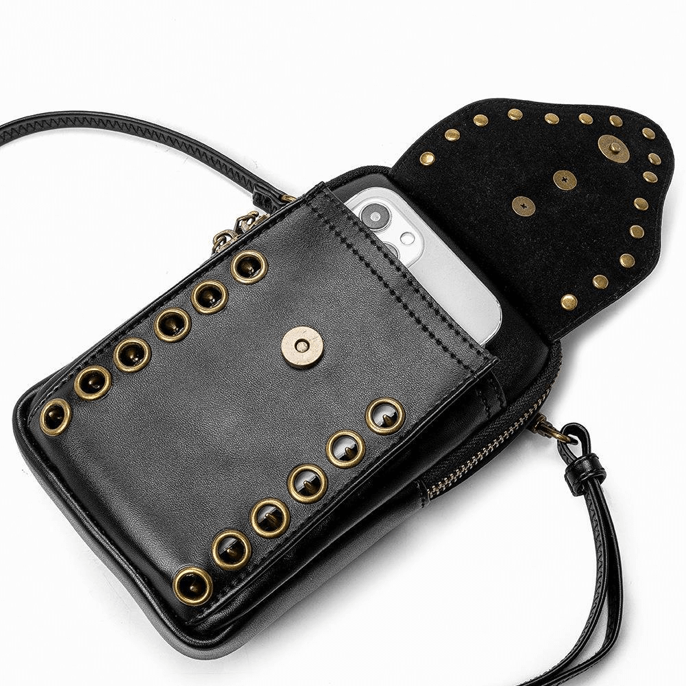 Gothic Female Outdoor Cellphone Waistbag with Skull and Rivets - HARD'N'HEAVY