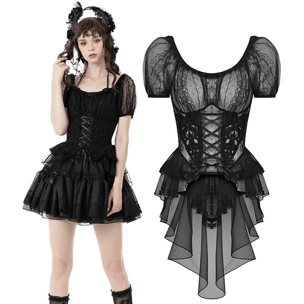 Gothic sheer black lace top with puff sleeves, featuring a bustier design and layered skirt for a dramatic look.