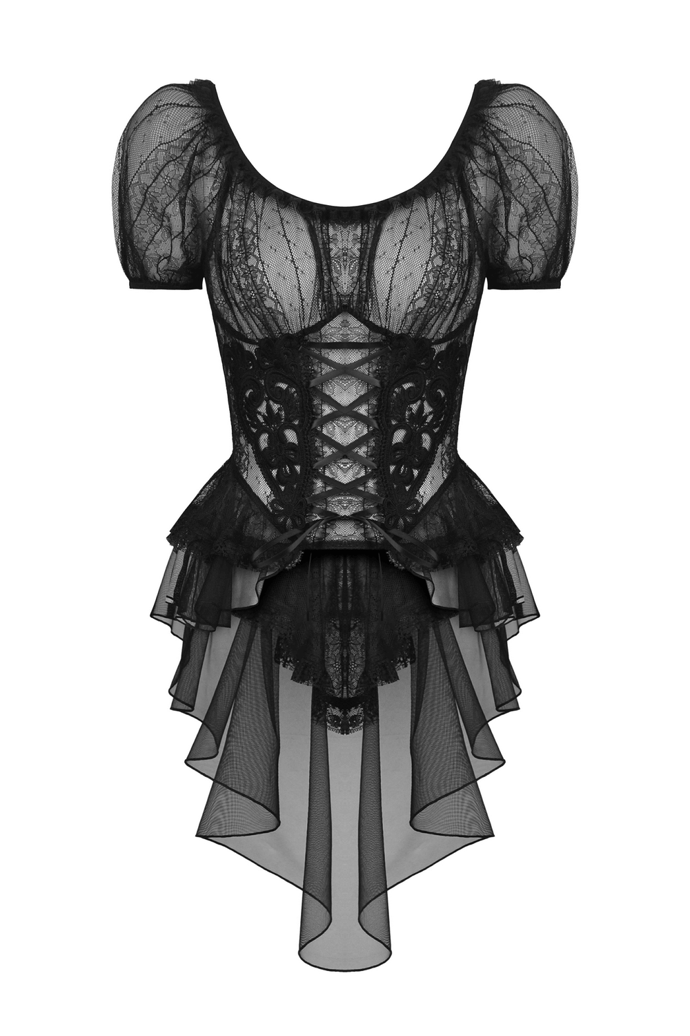 Top gótico femenino de encaje negro transparente con mangas abullonadas