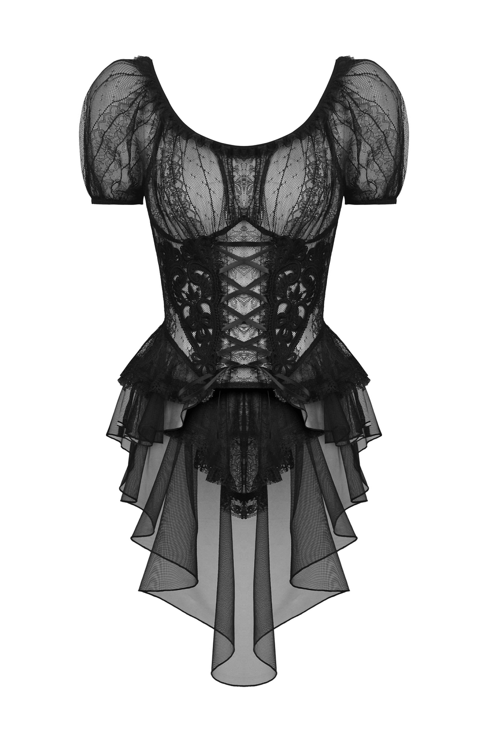 Gothic sheer black lace top with puff sleeves and bustier design, perfect for a dramatic evening look.