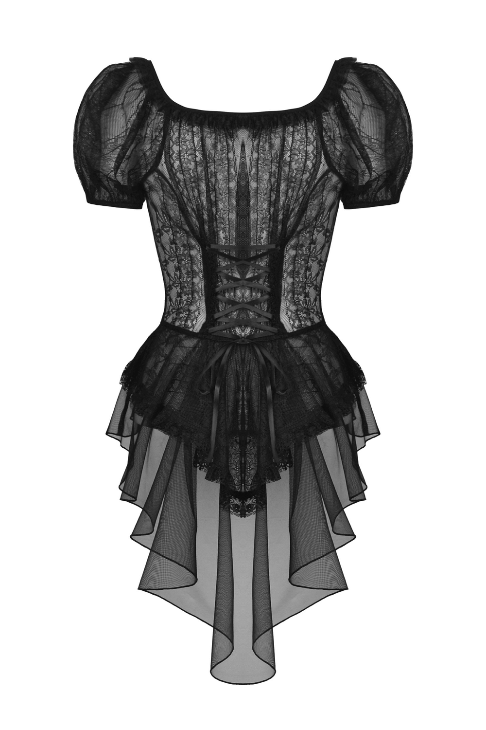 Gothic sheer black lace top with puff sleeves and dramatic bustier silhouette, perfect for special occasions.