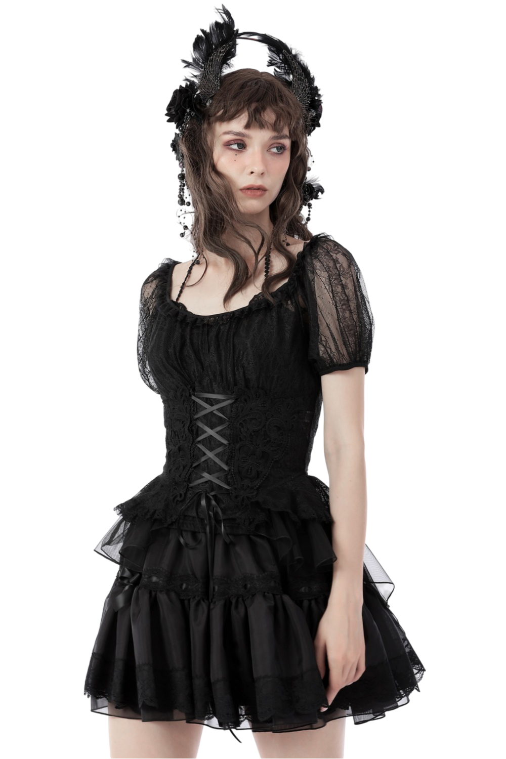 Gothic sheer black lace top with puff sleeves and a dramatic silhouette, styled with a layered black skirt.