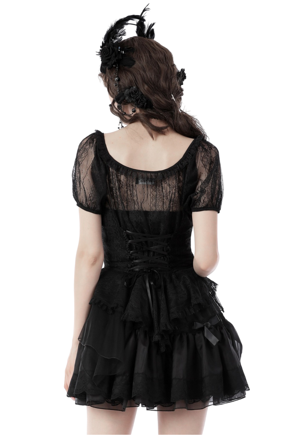 Gothic sheer black lace top with puff sleeves, showcasing a stunning back view and intricate lace details.