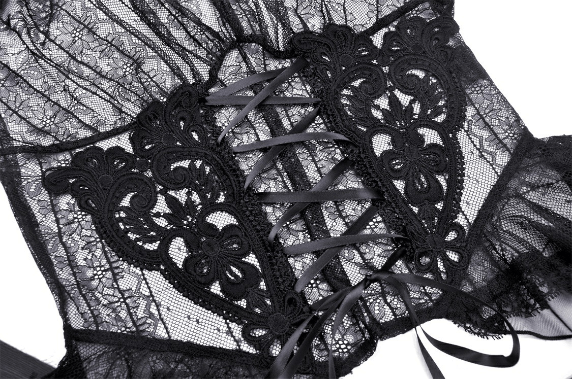 Top gótico femenino de encaje negro transparente con mangas abullonadas