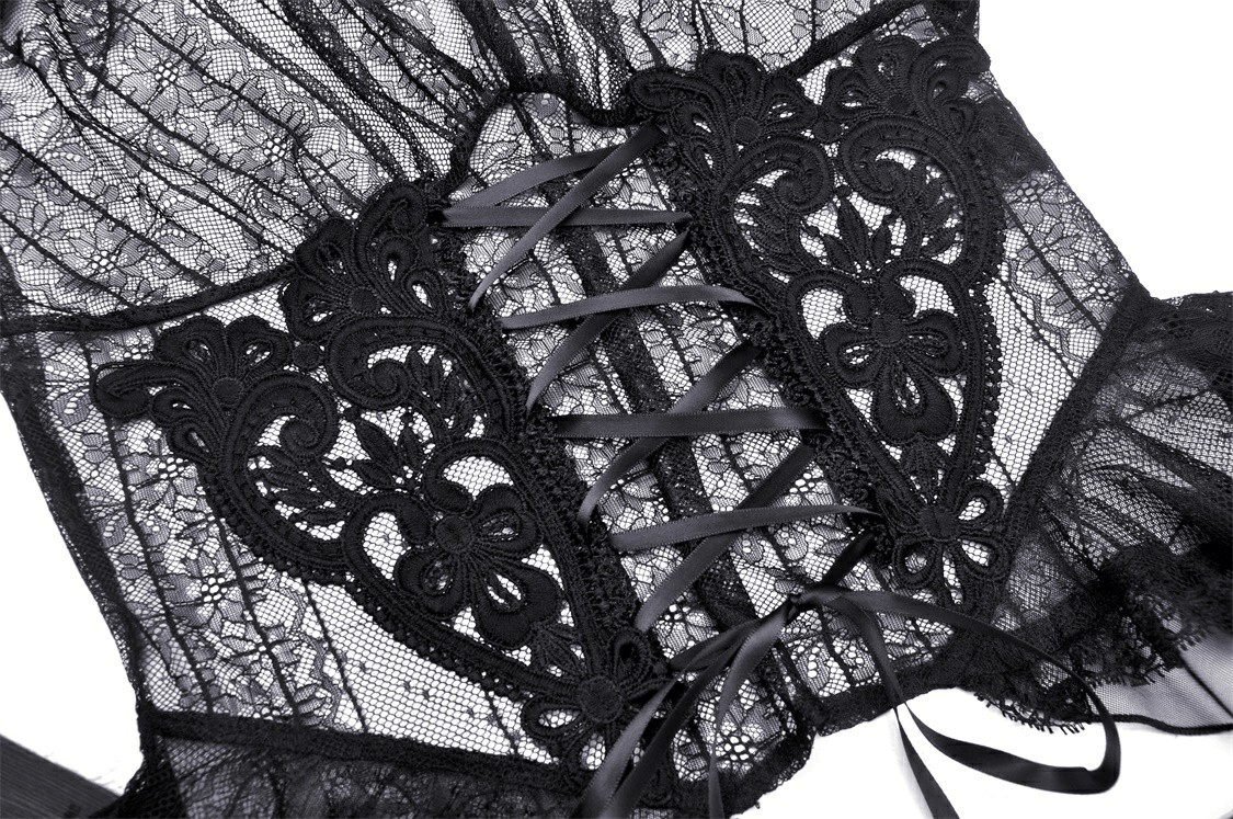 Close-up of a Gothic sheer black lace top featuring intricate detailing and delicate lace-up design.