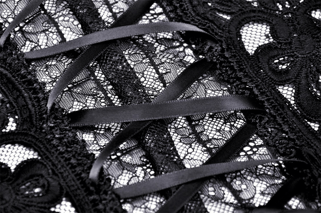 Close-up of intricate black lace detailing with ribbons, perfect for a gothic bustier top.