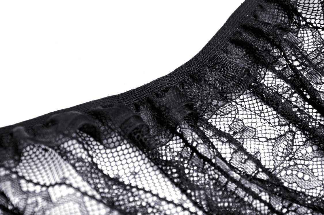 Close-up of sheer black lace fabric with intricate patterns, perfect for a Gothic-inspired look.