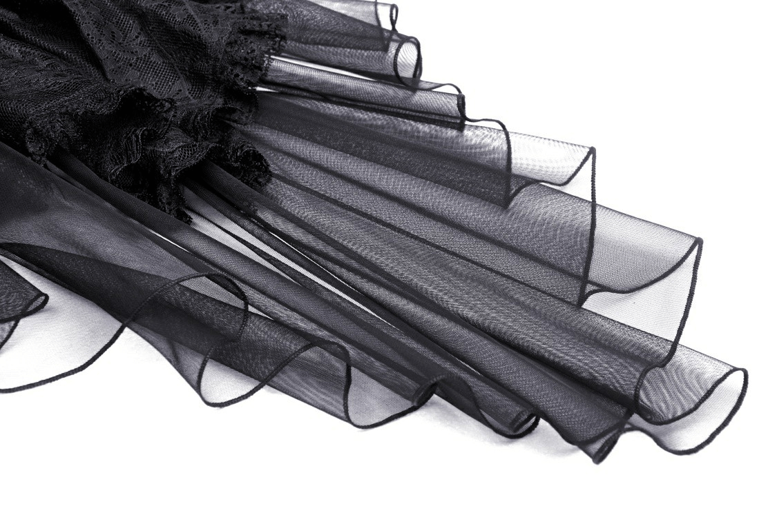Close-up of sheer black lace fabric with dramatic ruffles, perfect for a Gothic-inspired top.