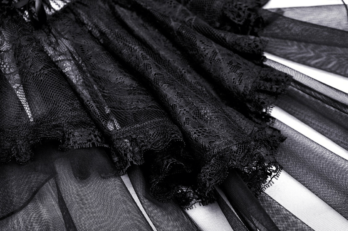 Close-up of a Gothic sheer black lace top with intricate lace details and dramatic puff sleeves.